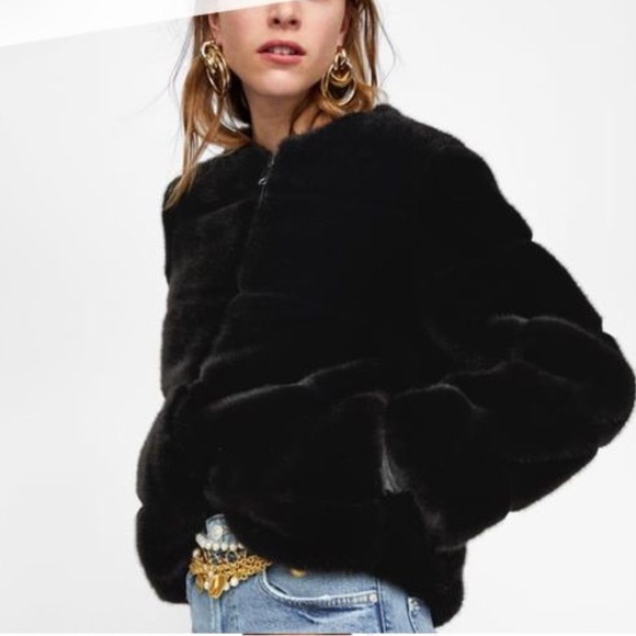 Zara Faux Fur Short Black Jacket - Picture 1 of 4